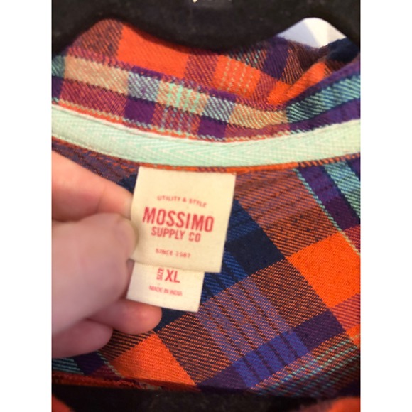 Mossimo Supply Co Flannel Button Up Shirt Orange Blue Plaid XL Utility‎ Style - Picture 4 of 6